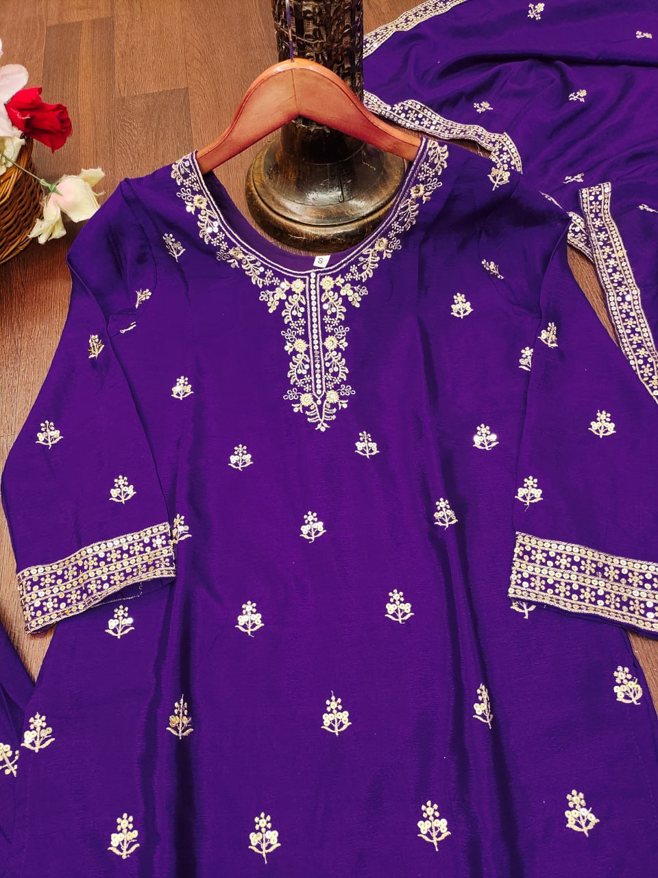 Purple Designer Chinon Silk Embroidery Sharara Suit Set and Dupatta