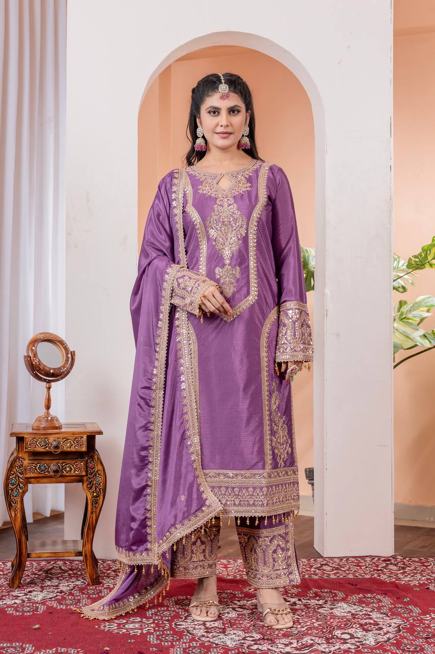 Purple Designer Chinon Silk Plazzo Top and Dupatta For Party Wear