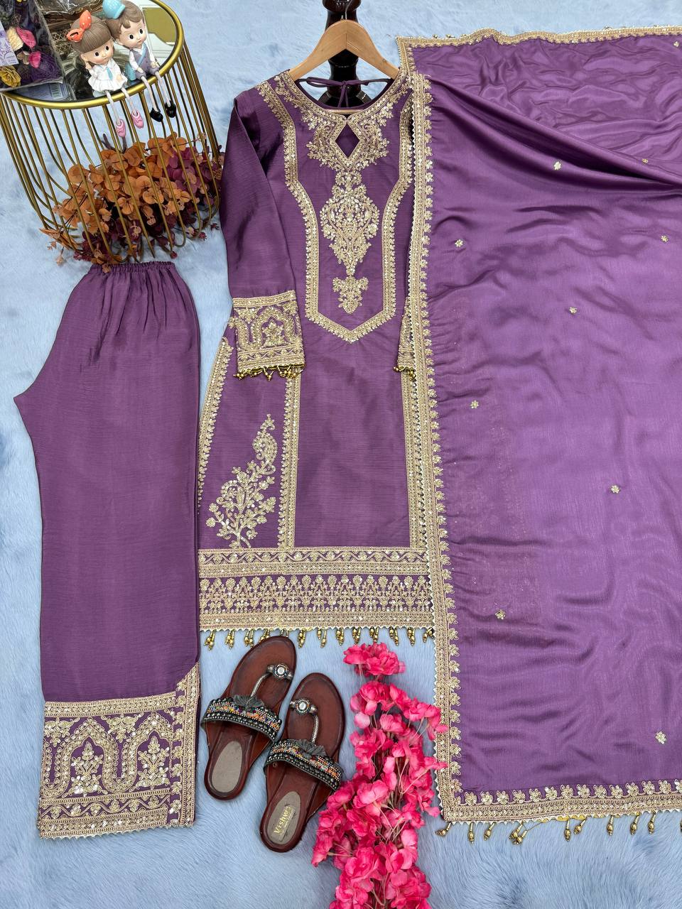 Purple Designer Chinon Silk Plazzo Top and Dupatta For Party Wear