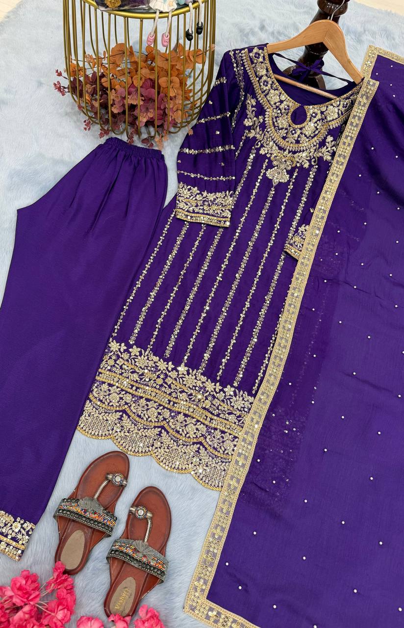 Purple Designer Chinon Silk Plazzo Long Top and Dupatta For Party Wear