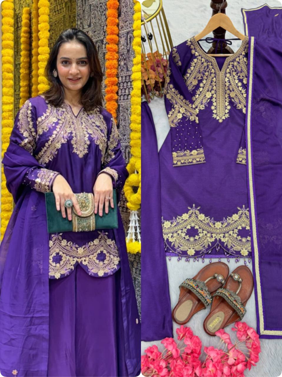 Purple Designer Chinon Silk Plazzo Top and Dupatta For Party Wear