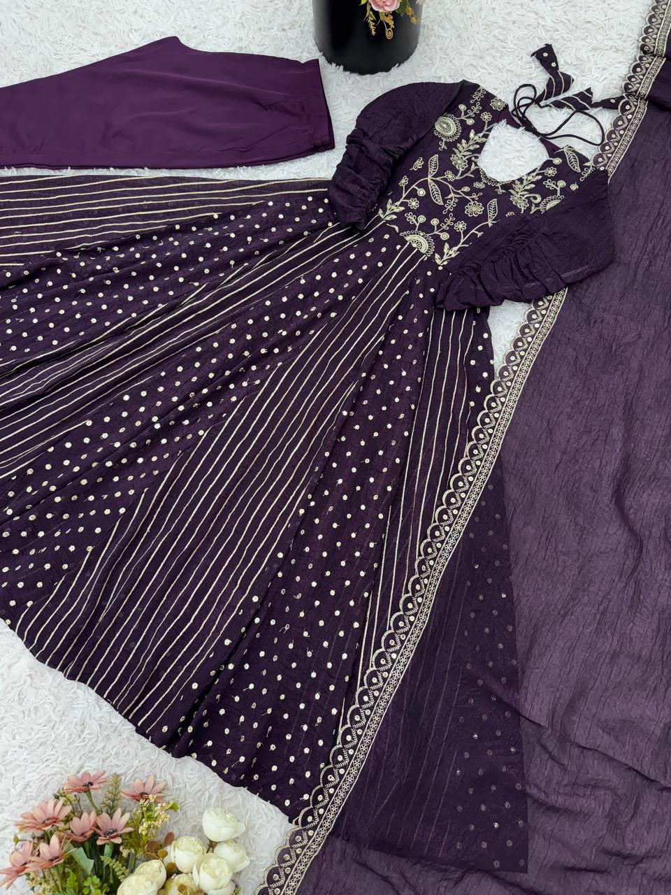 Purple Designer Crunchy Silk Embroidered Anarkali Gown and Dupatta