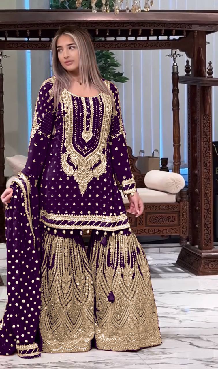 Purple Designer Faux Georgette Embroidered Top and Plazzo & Dupatta
