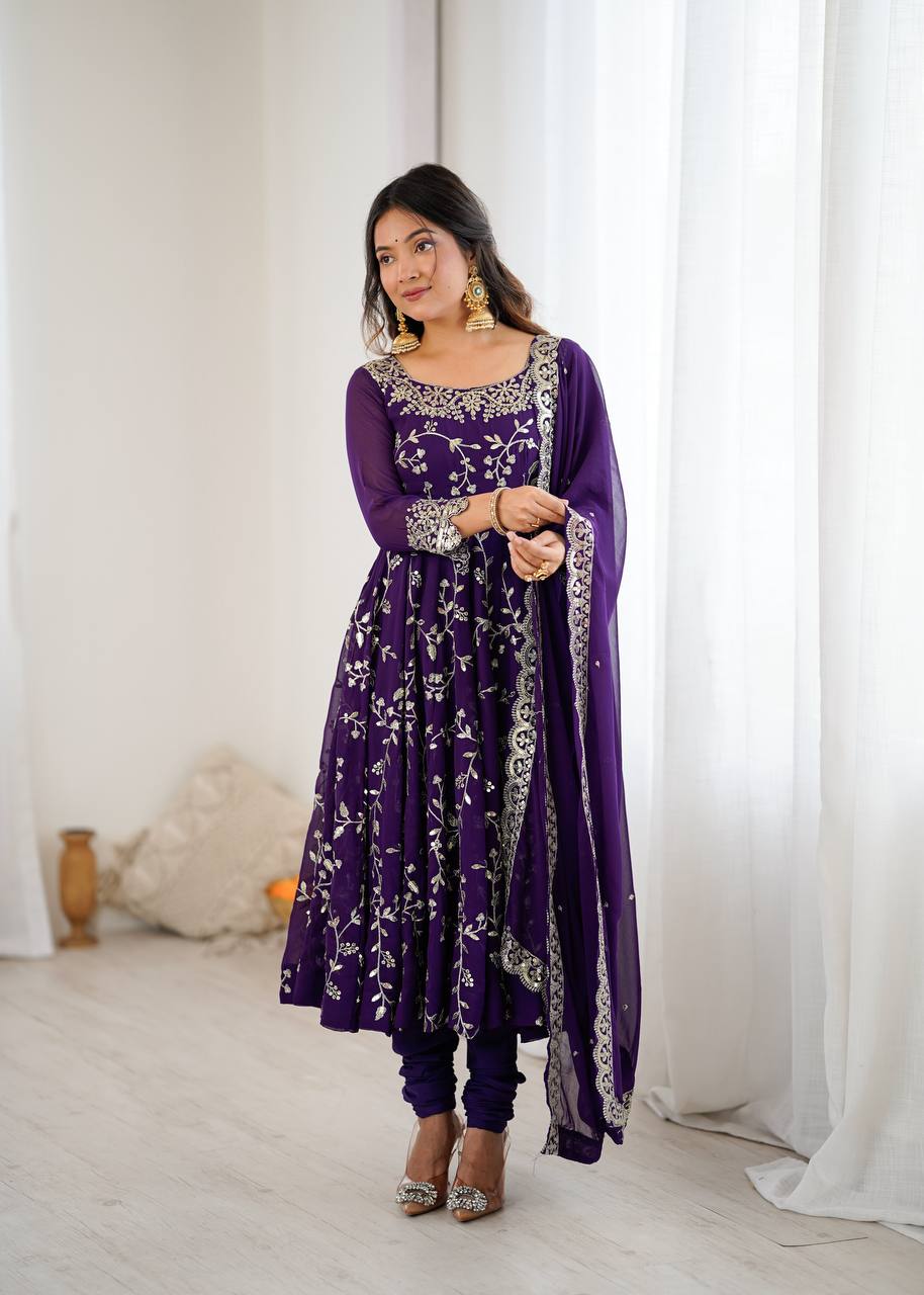 Purple Designer Heavy Faux Georgette Anarkali Gown and Dupatta