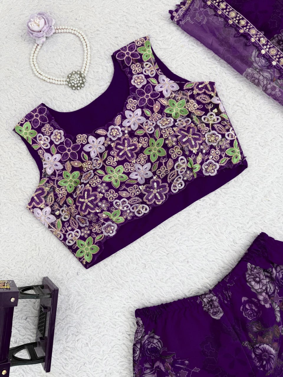 Purple Designer Tibby Silk Shrug Sharara Set with Embroidery Work