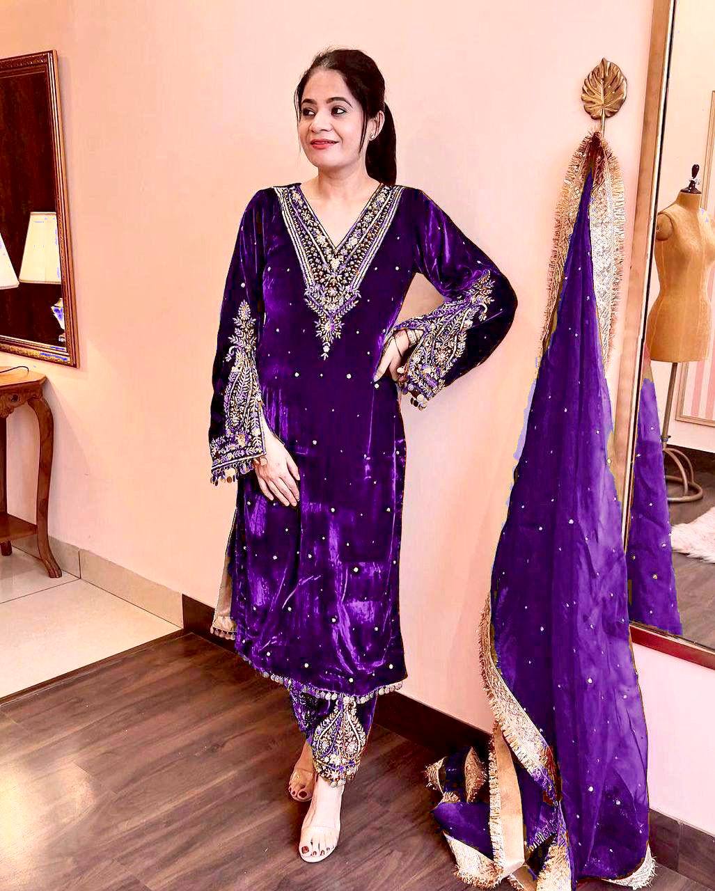 Purple Designer Viscose Velvet Plazzo Top and Dupatta For Party Wear