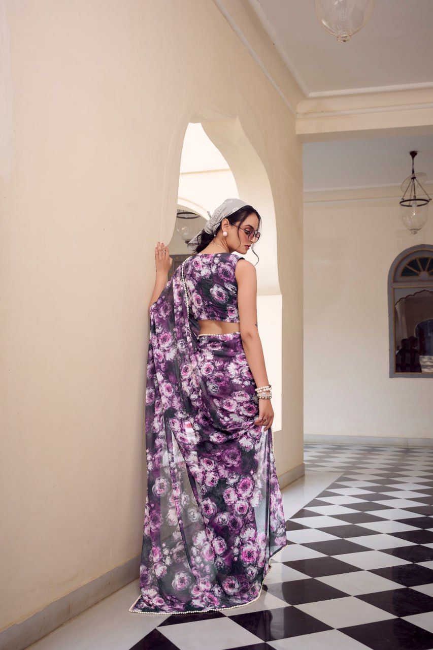 Purple Marble Print Weightless Saree with Pearl Lace Border Floral Blouse