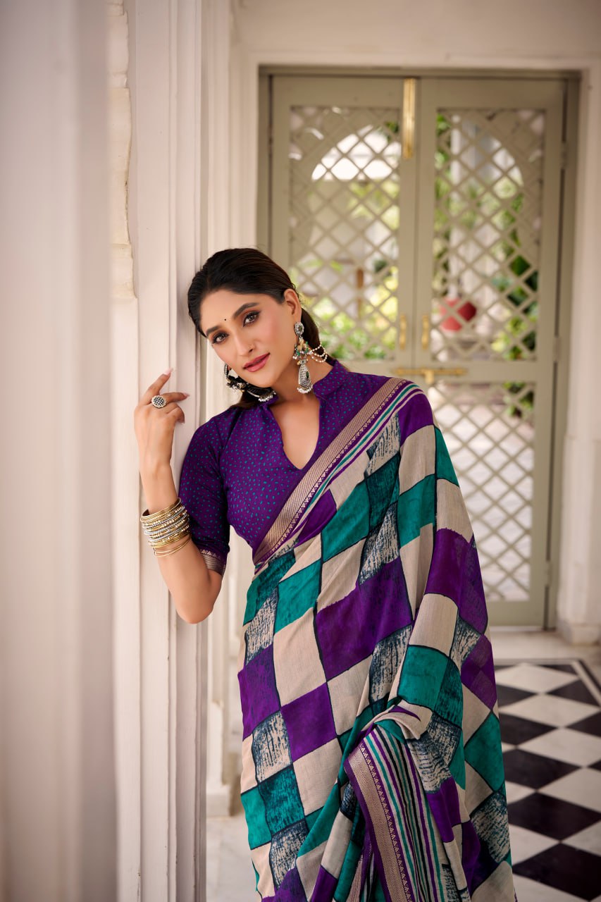 Purple Polyester Viscose Chanderi Saree with Printed Temple Border