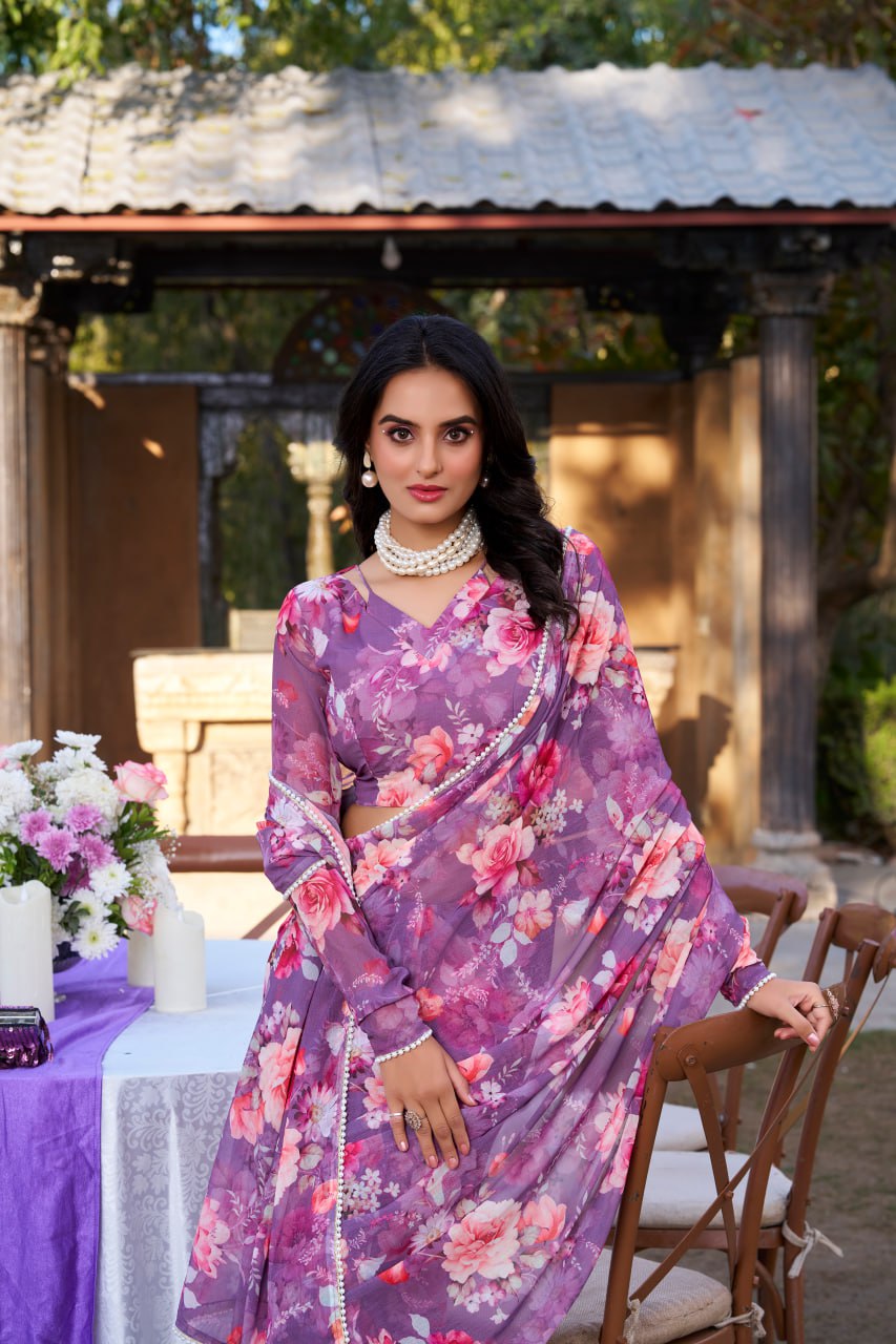 Purple Weightless Marble Print Saree with Pearl Matching Blouse