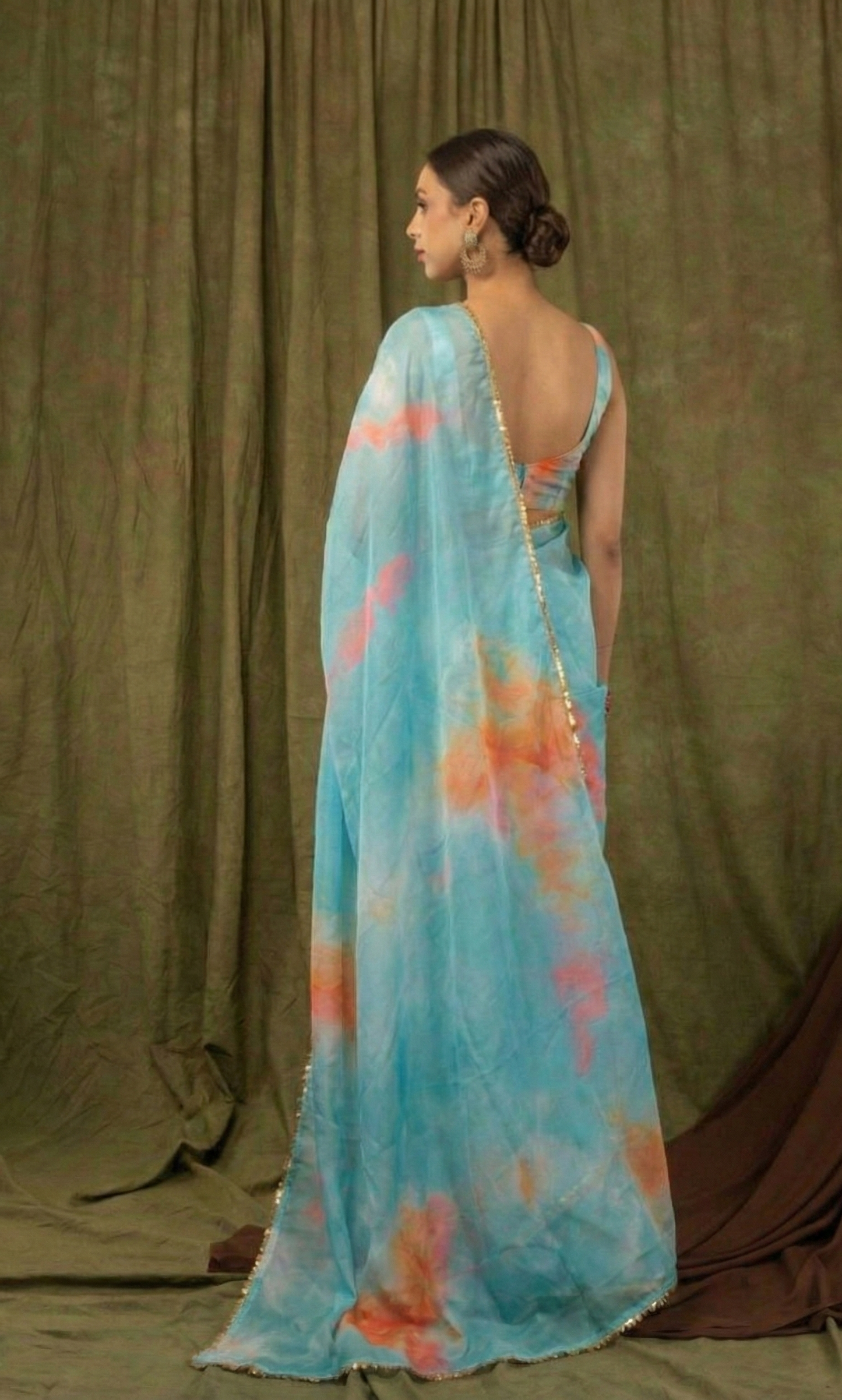 Rama Blue Pure Khadi Organza Saree with Golden Black Banglori Blouse