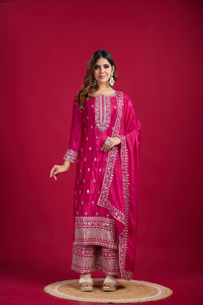 Rani Pink Chinnon Silk Embroidered Top Pant and Dupatta For Party Wear