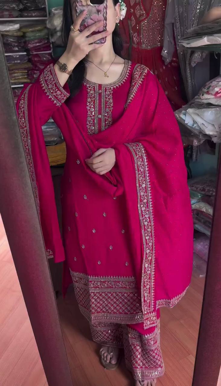 Rani Pink Chinnon Silk Embroidered Top Pant and Dupatta For Party Wear