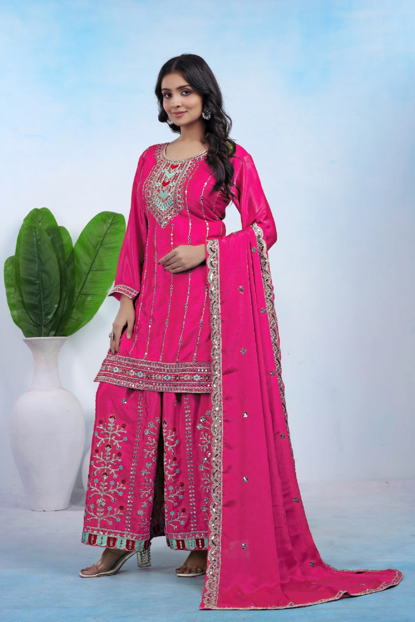 Rani Pink Chinon Sharara Suit with Coding Embroidery Matching Dupatta