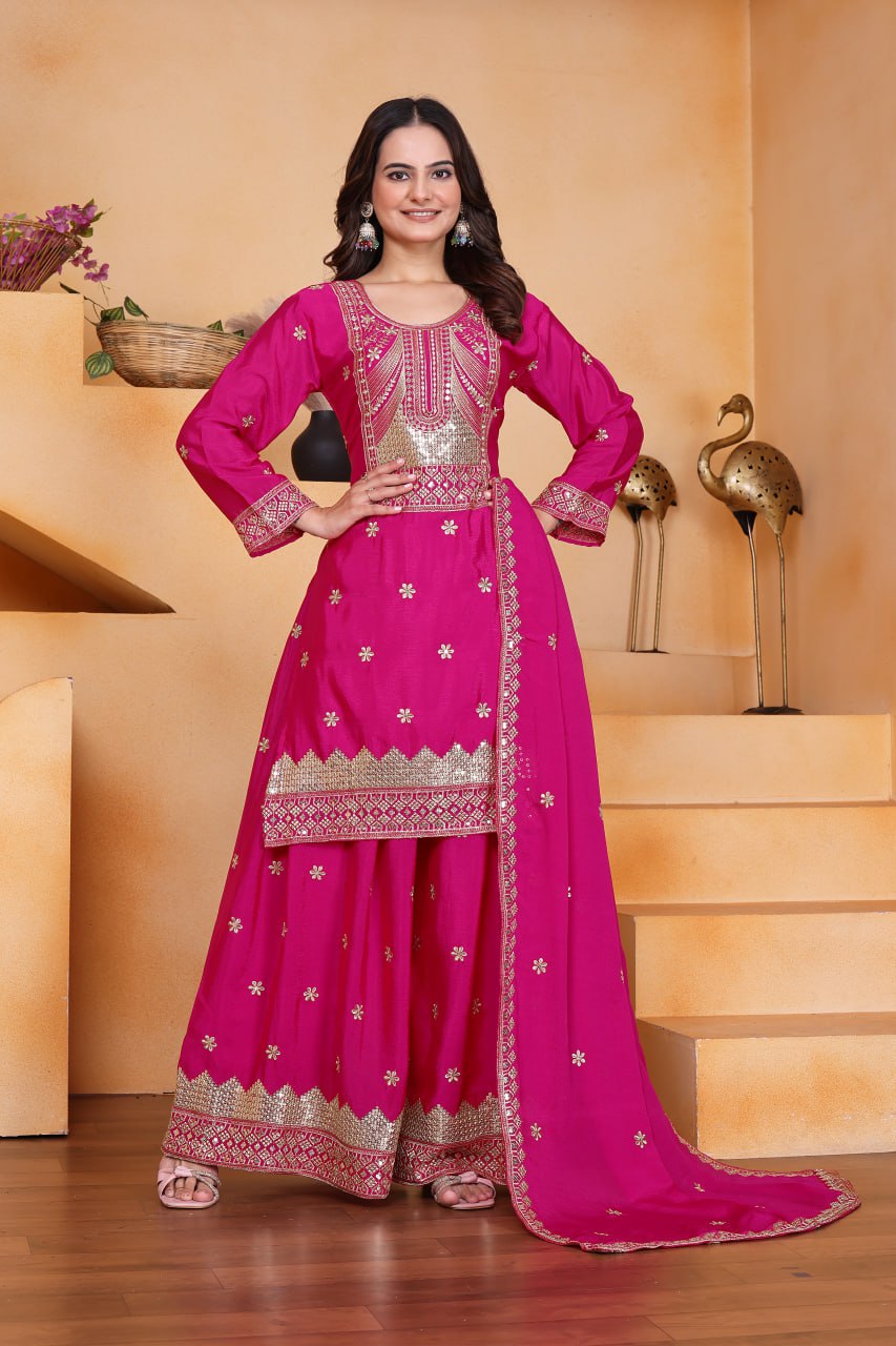 Rani Pink Designer Chinon Embroidered Sharara Suit with Matching Dupatta