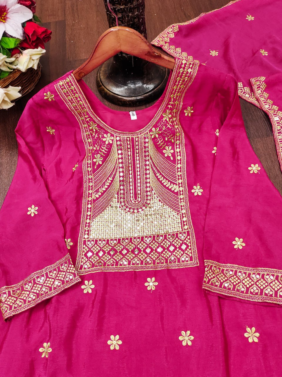 Rani Pink Designer Chinon Embroidered Sharara Suit with Matching Dupatta