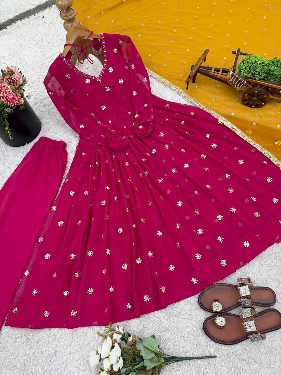 Rani Pink Designer Faux Georgette Embroidered Gown and Dupatta