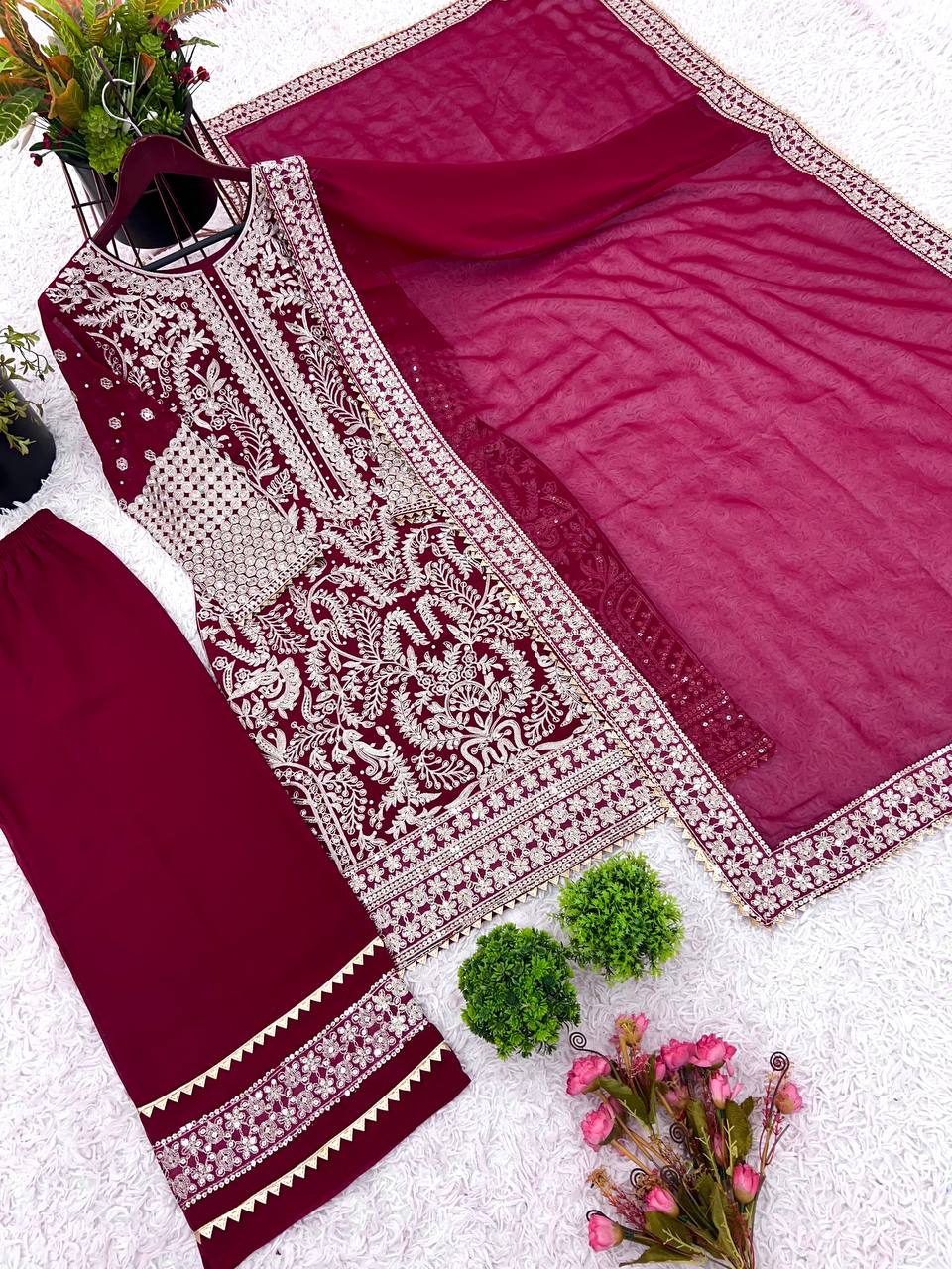 Rani Pink Designer Faux Georgette Palazzo suit Dupatta For Party Wear
