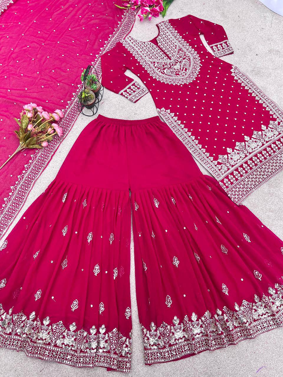 Rani Pink Designer Faux Georgette Top Gharara & Dupatta For Party Wear
