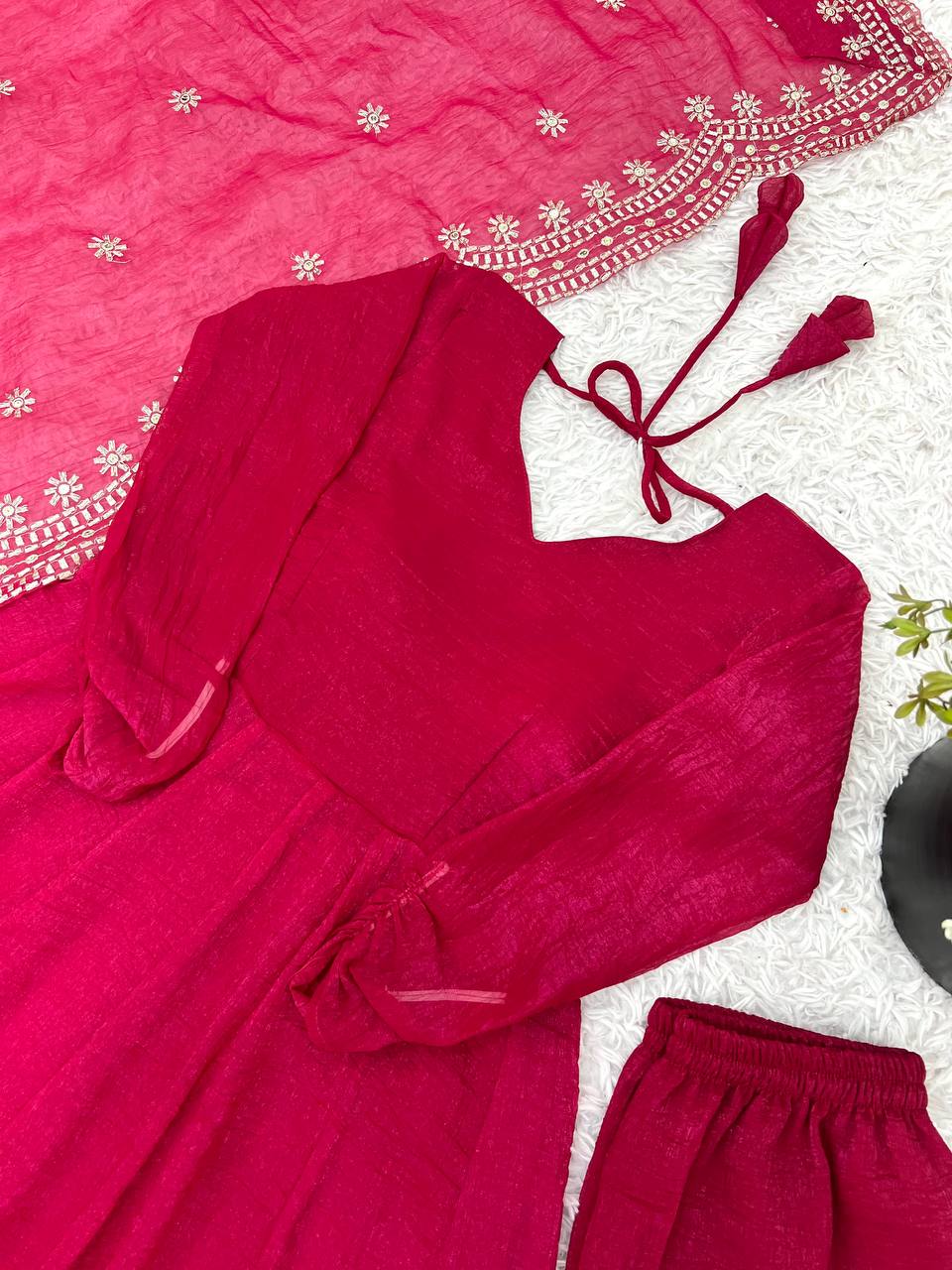 Rani Pink Designer Heavy Fandy Silk Gown and Dupatta For Party Wear