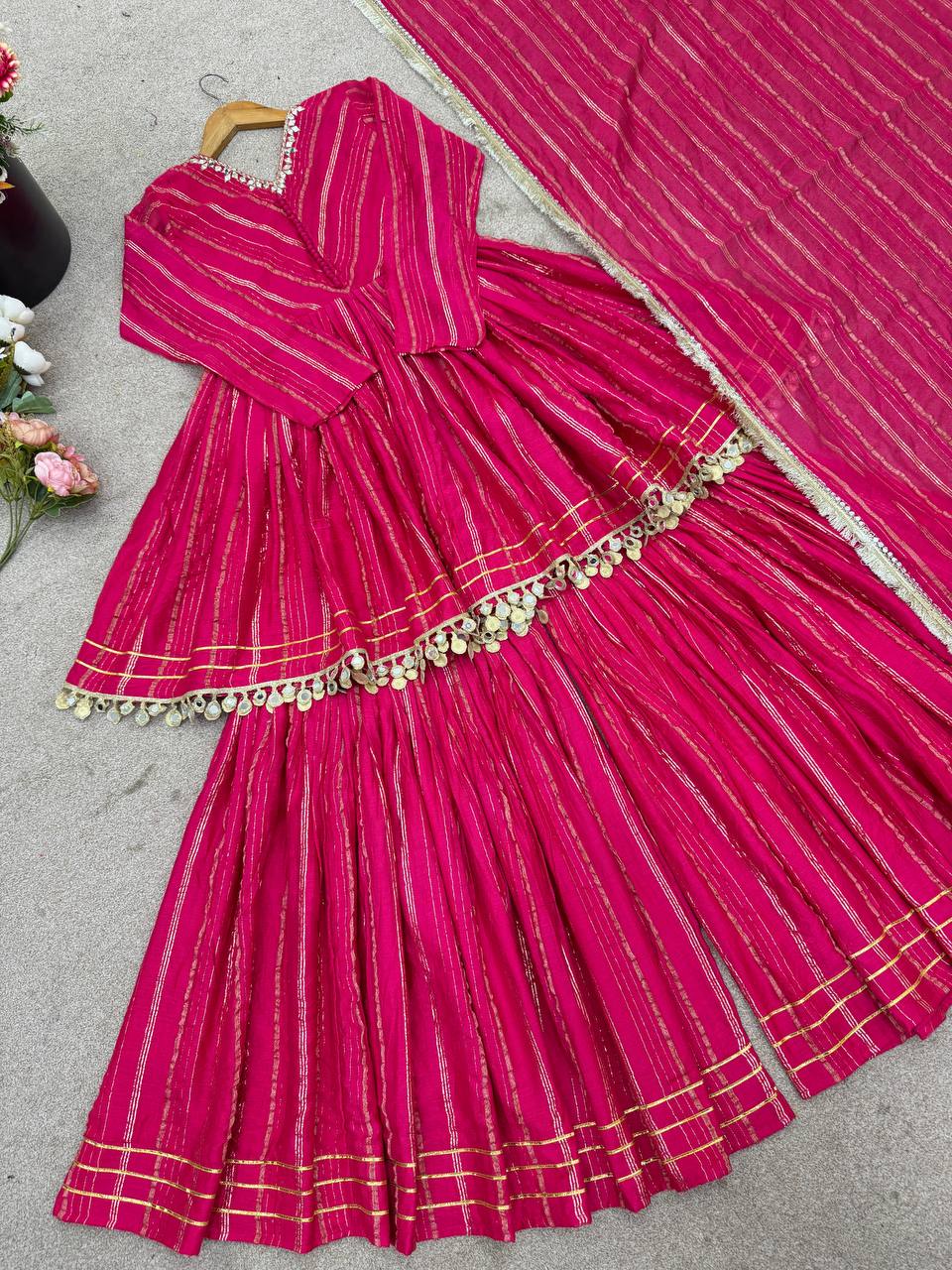 Rani Pink Designer Mal Chanderi Mirror Work Sharara suit and Dupatta