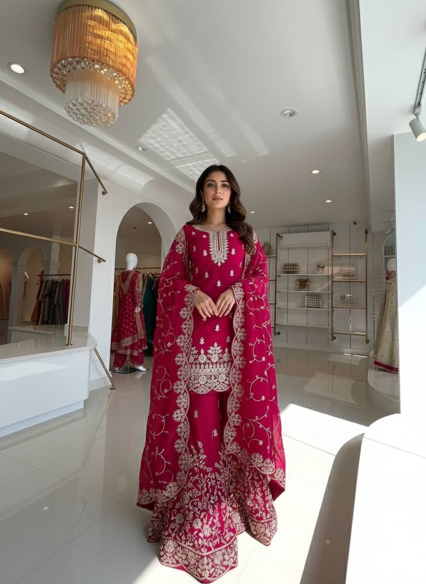 Rani Pink Designer Pure GMY Silk Plazzo Suit and Dupatta For Party Wear