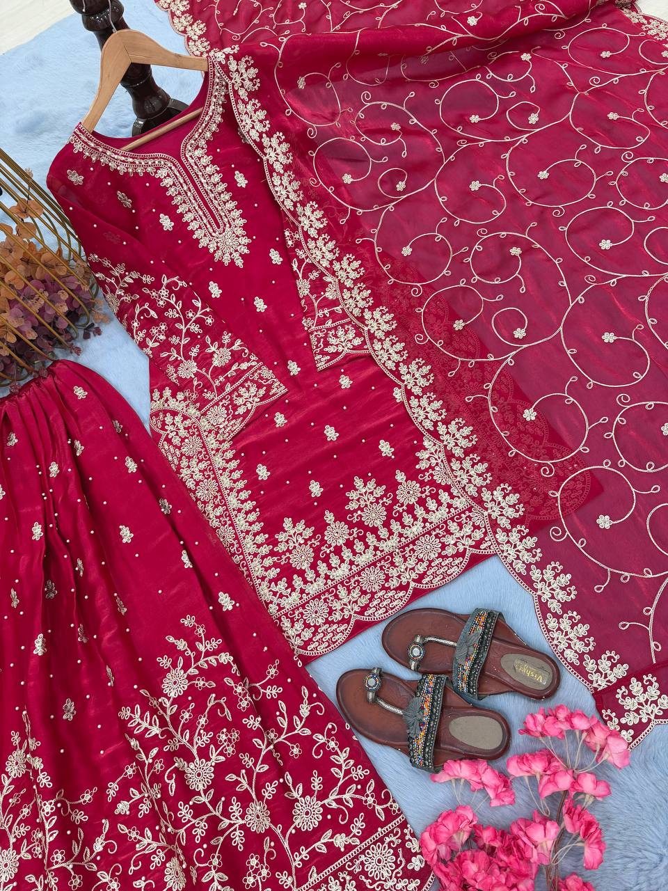 Rani Pink Designer Pure GMY Silk Plazzo Suit and Dupatta For Party Wear