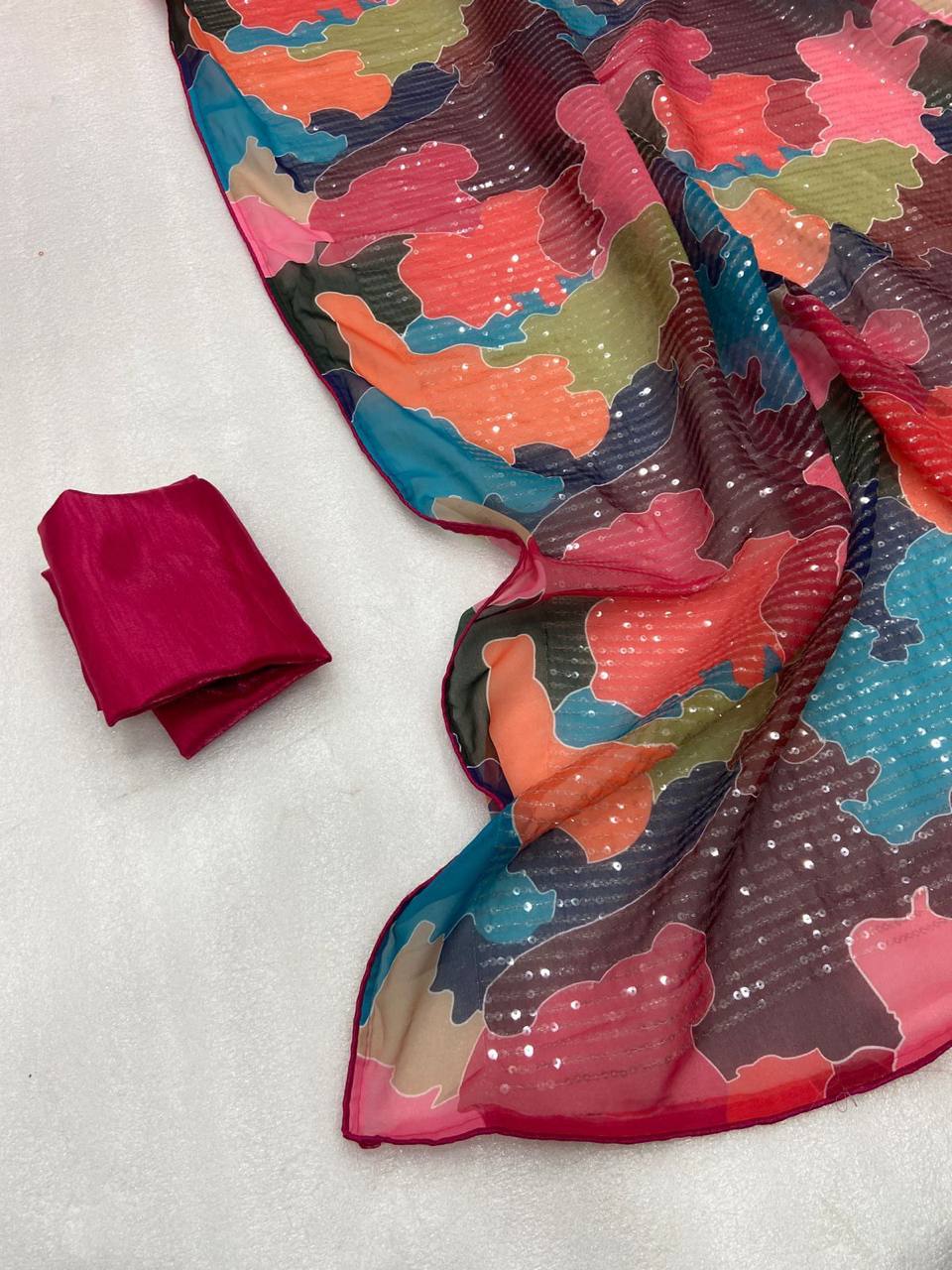 Rani Pink Georgette Digital Print Saree with Full Sequins Contrast Border