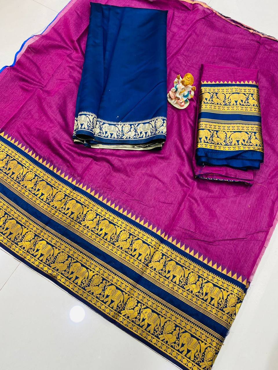 Rani Pink Heavy Cotton Saree with Kanchipuram Zari Border Navy Blue Dupatta