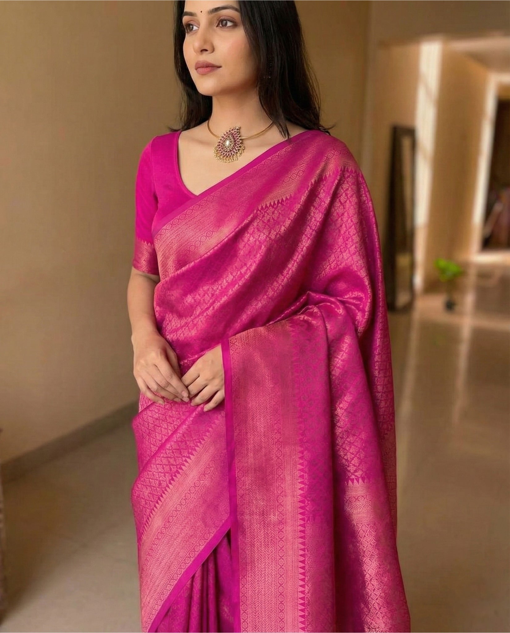 Rani Pink Kanchipuram Jari Weaving Silk Saree with Designer Blouse