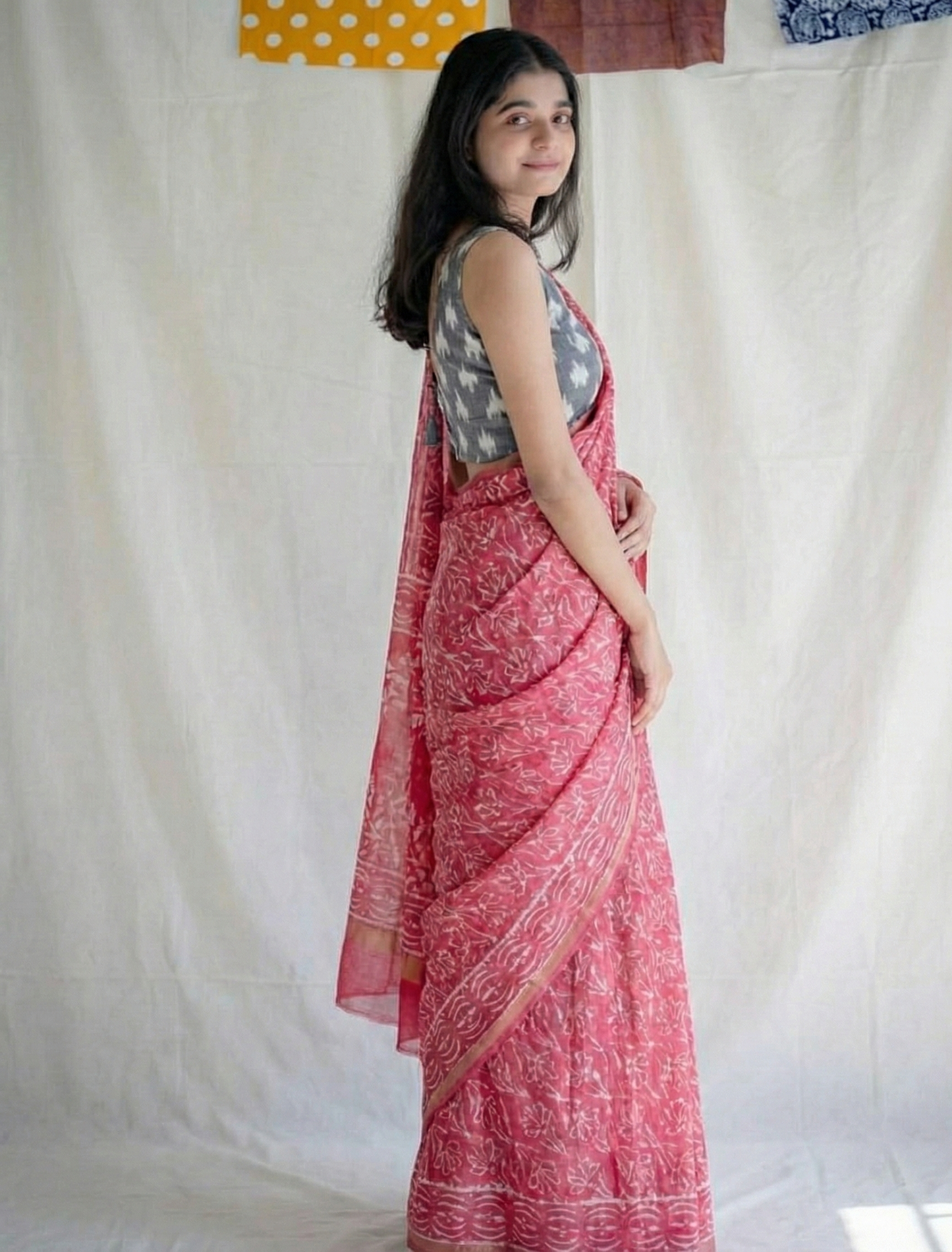 Rani Pink Mulmul Cotton Digital Print Saree with Gray Mulmul Blouse