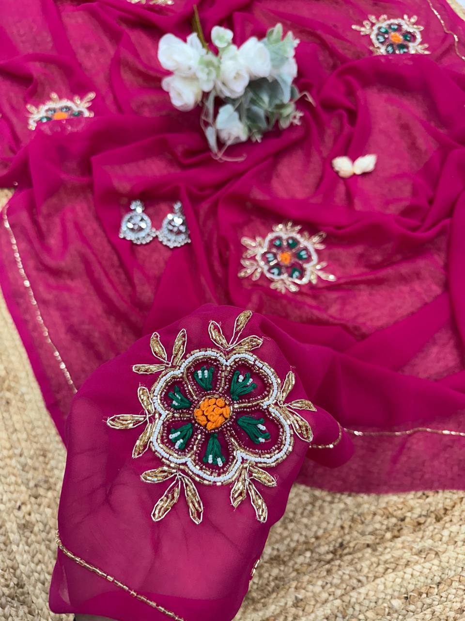 Rani Pink Soft Georgette Elegant Designer Thread Handwork Saree