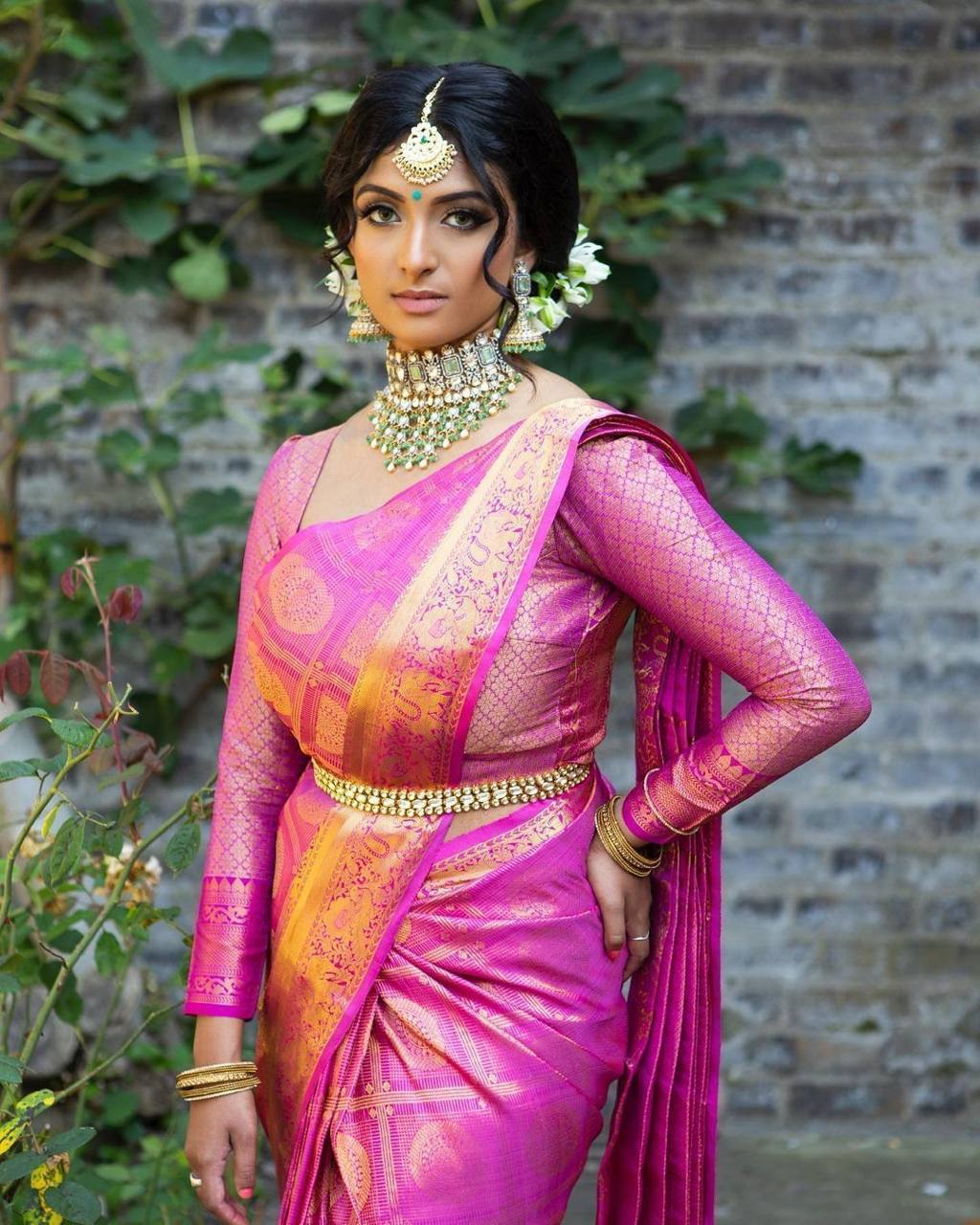 Rani Pink Traditional Kanchipuram Saree with Chex Weaving Woven Blouse