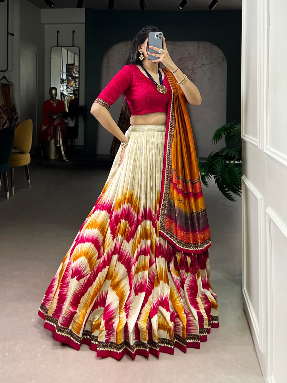 Red and Cream Tasar Silk Tie-Dye Print Lehenga Choli with matching Dupatta