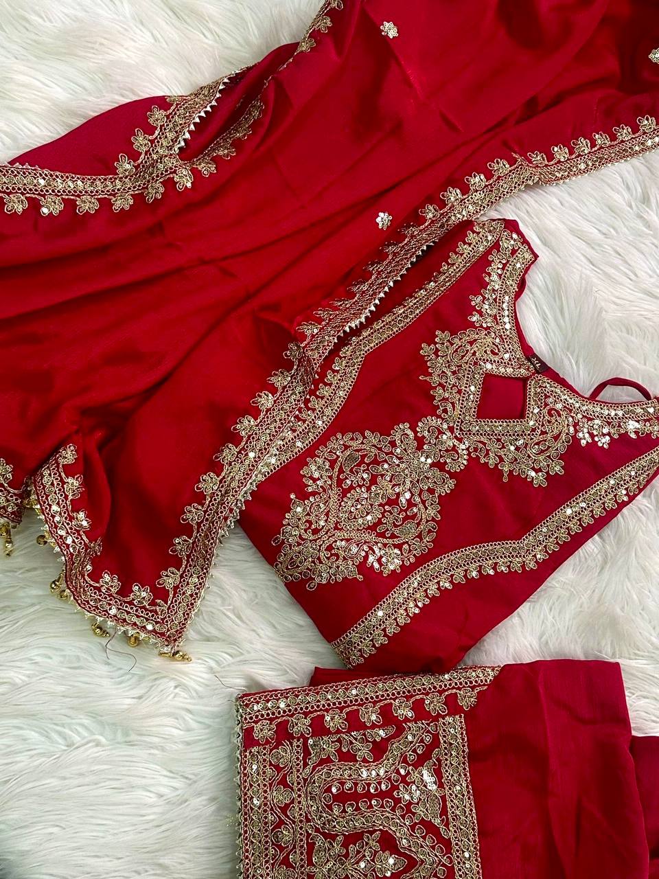 Red Designer Chinon Silk Plazzo Top and Dupatta For Party Wear