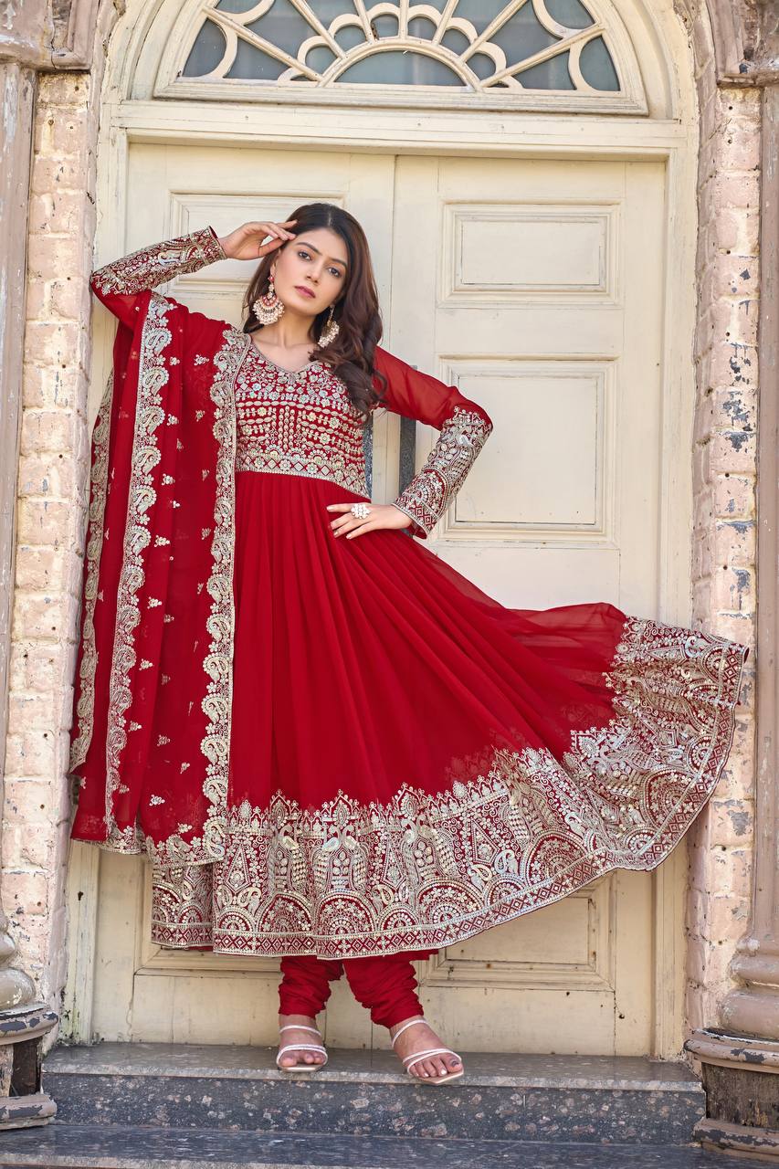 Red Designer Faux Georgette Anarkali Gown and Dupatta For Party Wear