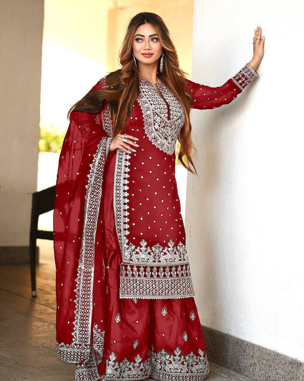 Red Designer Faux Georgette Top Gharara & Dupatta For Party Wear