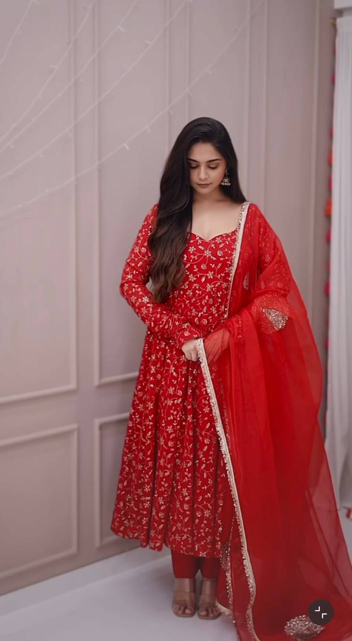 Red Designer Heavy Blooming Georgette Anarkali Gown and Dupatta & Pant