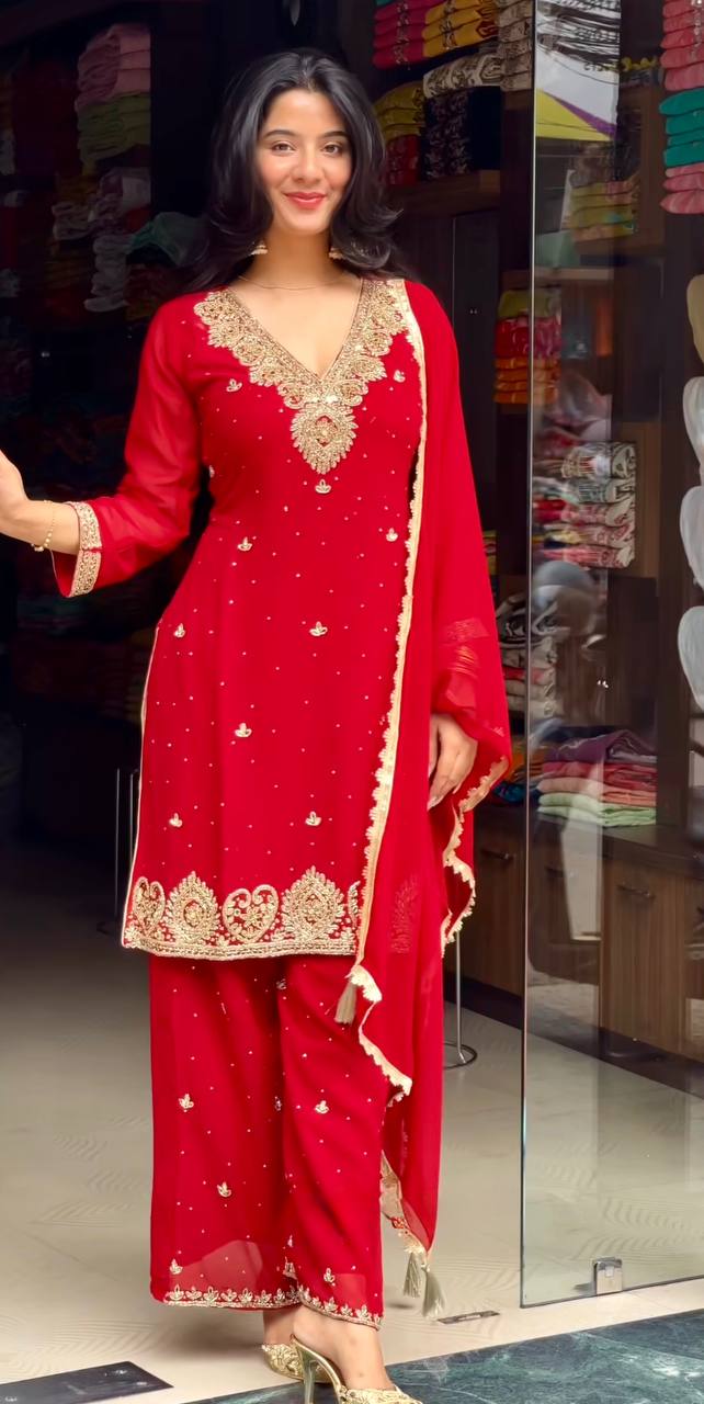 Red Designer Heavy Faux Georgette Plazzo Top and Matching Dupatta