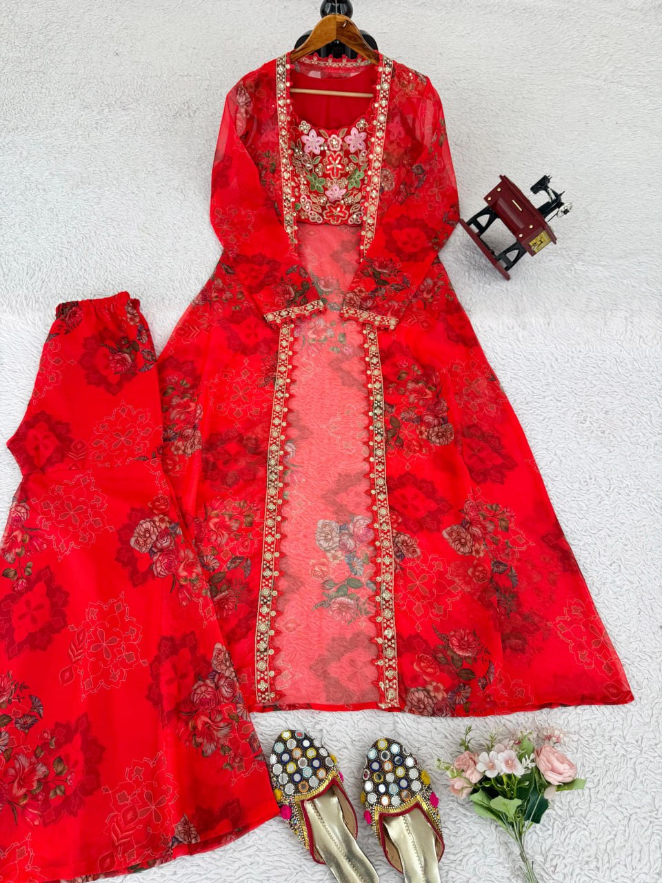 Red Designer Tibby Silk Shrug Sharara Set with Embroidery Work