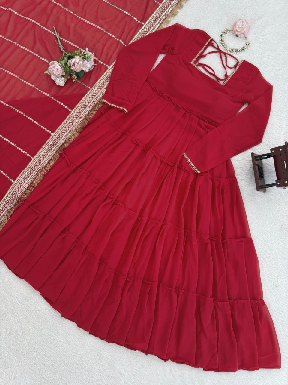 Red Faux Georgette Ruffle Anarkali Set with Sequin Thread Work Dupatta