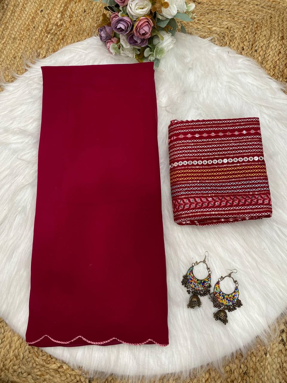 Red Georgette Aari Embroidery Border Saree with Work Blouse