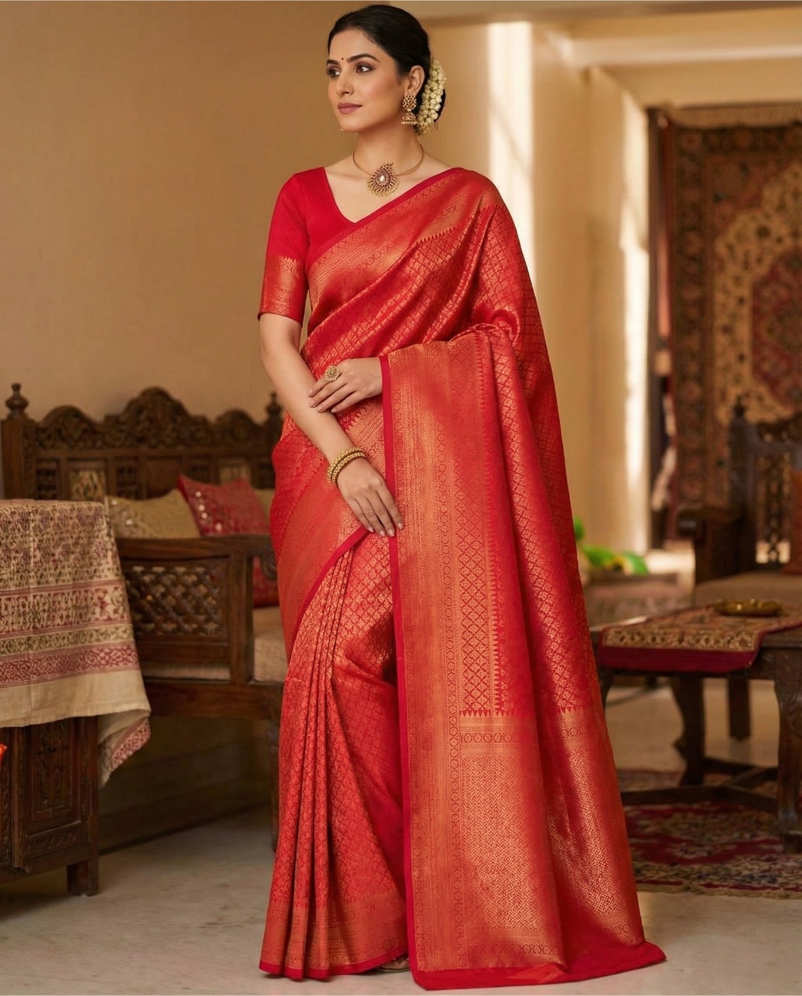 Red Kanchipuram Jari Weaving Silk Saree with Designer Blouse