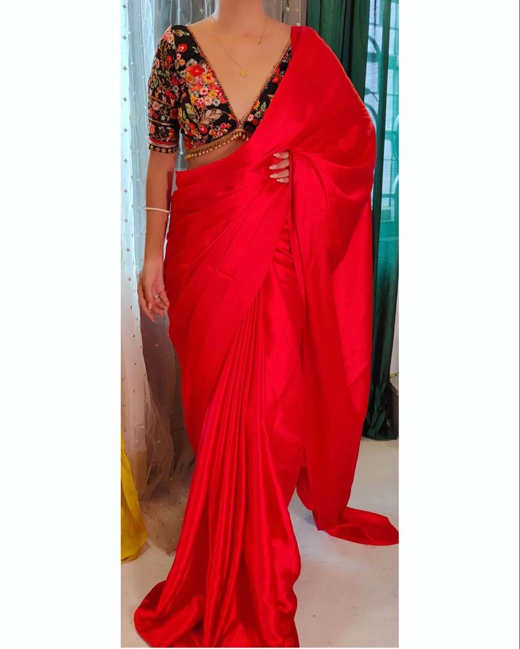 Red Luxury Smooth Satin Saree with Designer Embroidery Blouse