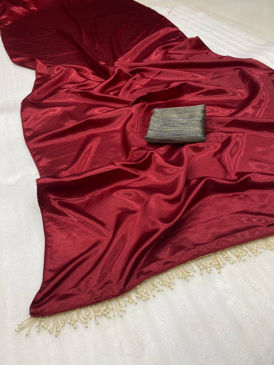 Red Satin Saree with Contrast Malbari Weaving Blouse