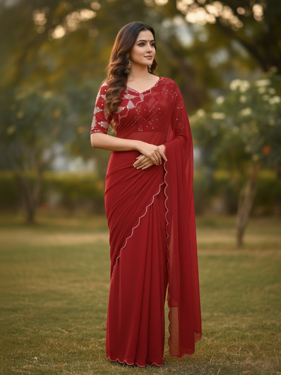 Red Smooth Georgette Saree with Aari Border & Embroidery Blouse
