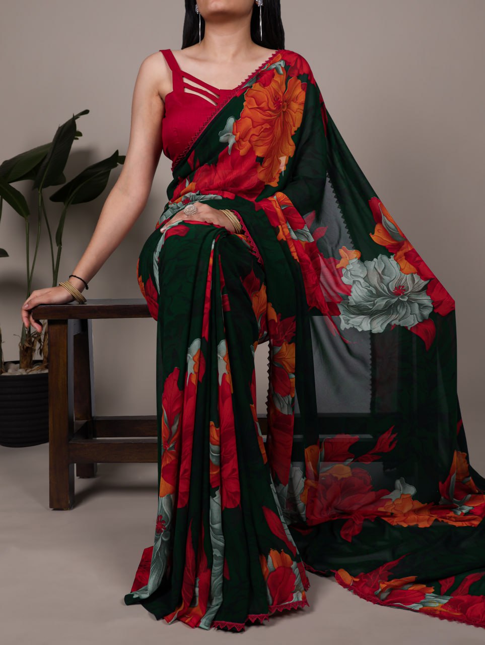 Red Weightless Marble Floral Printed Saree with Banglory Blouse