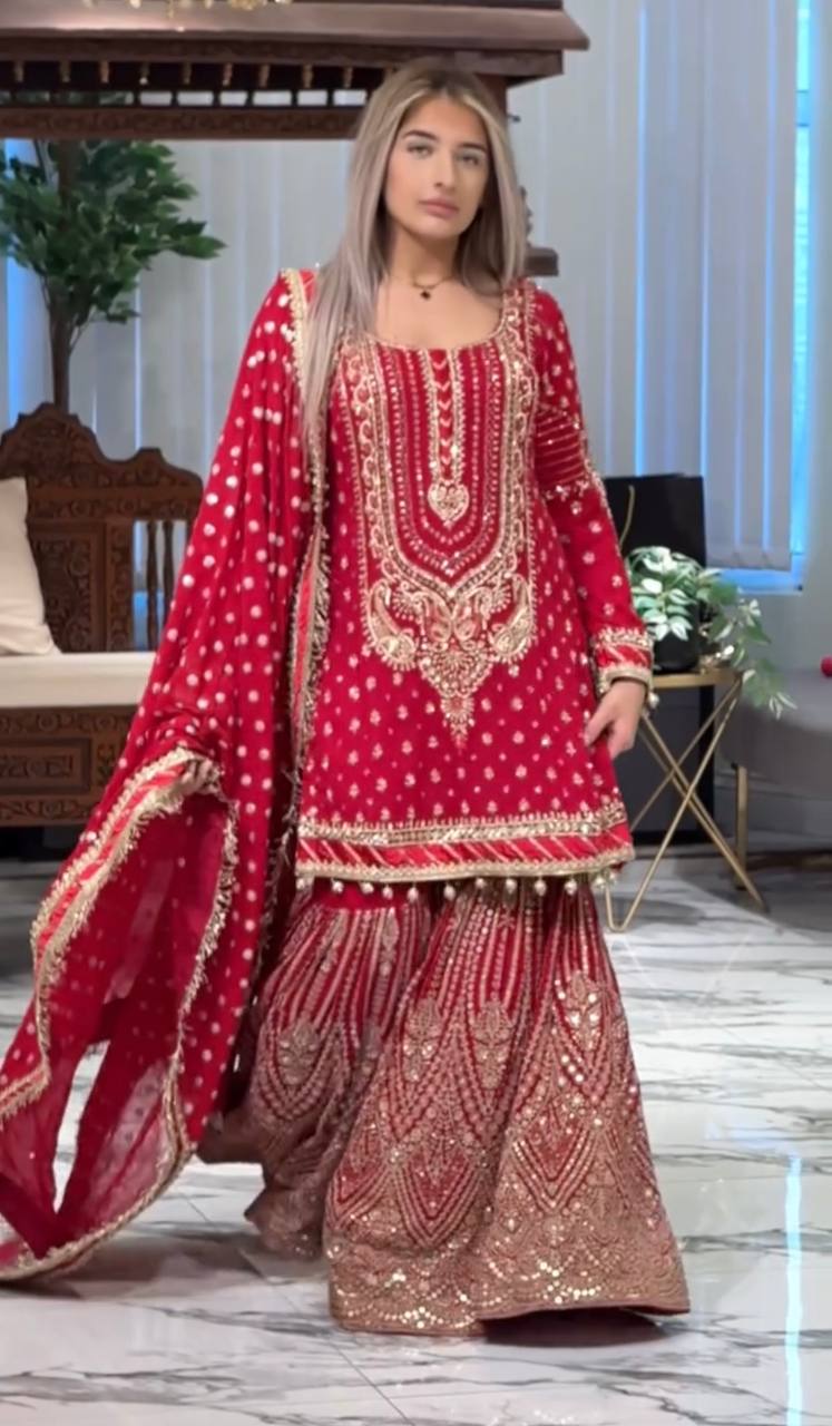 Rose Pink Designer Farshi Plazzo Top and Dupatta For Nikah Wear