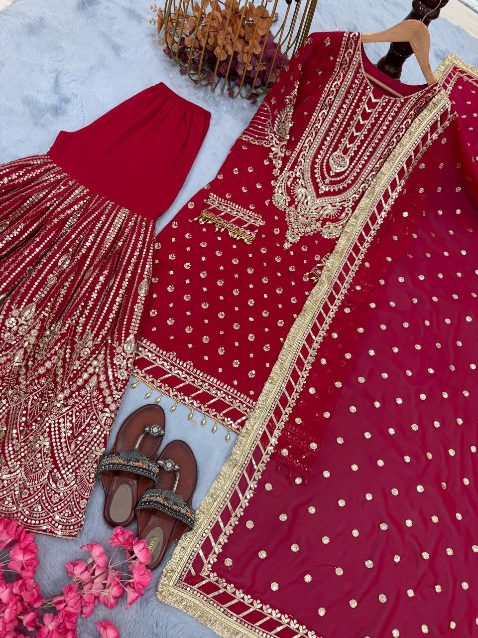 Rose Pink Designer Farshi Plazzo Top and Dupatta For Nikah Wear
