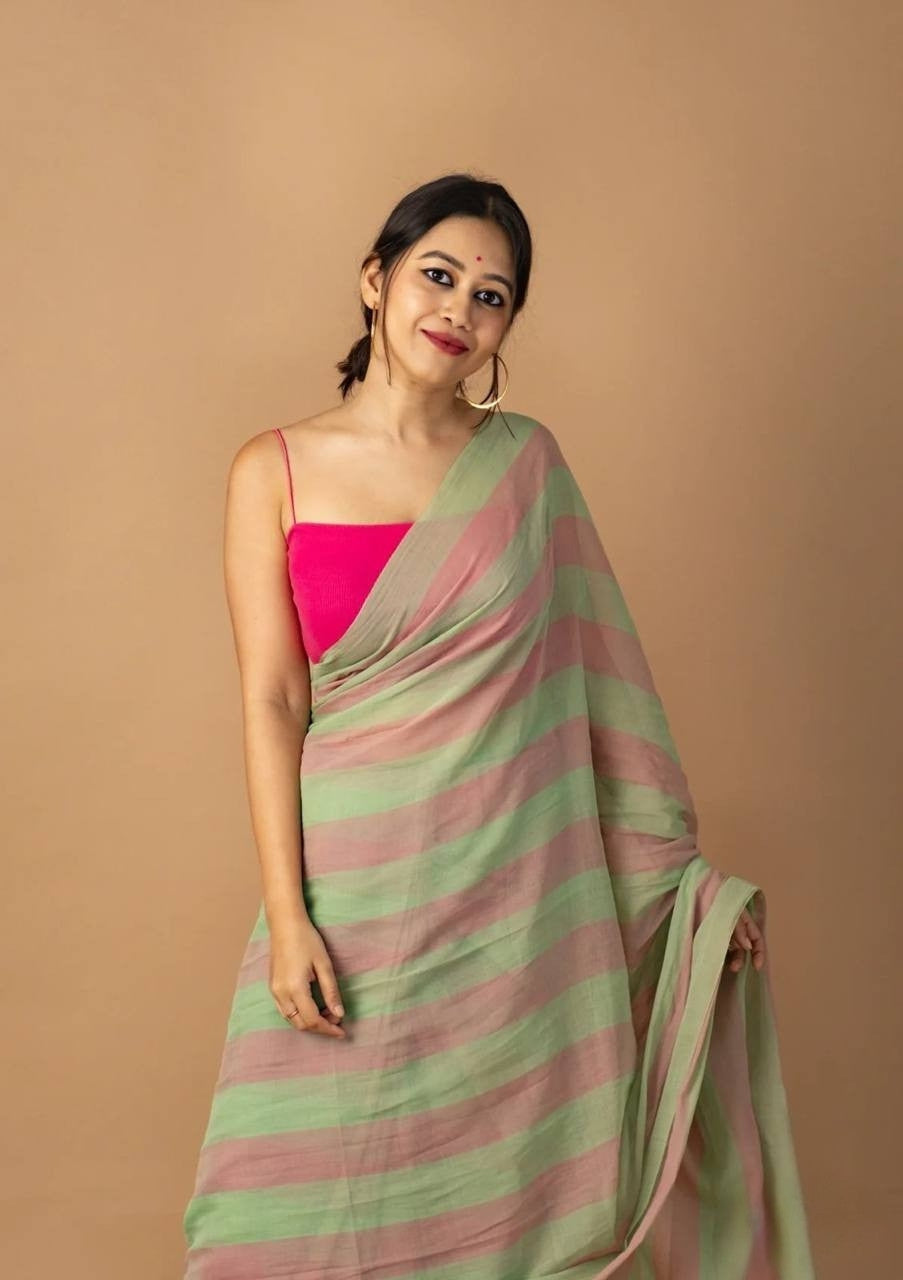 Rose Pista Mulmul Lightweight Cotton Digital Print Summer Saree