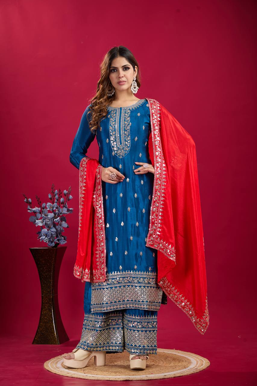 Royal Blue Chinnon Silk Embroidery Top Pant and Dupatta For Party Wear